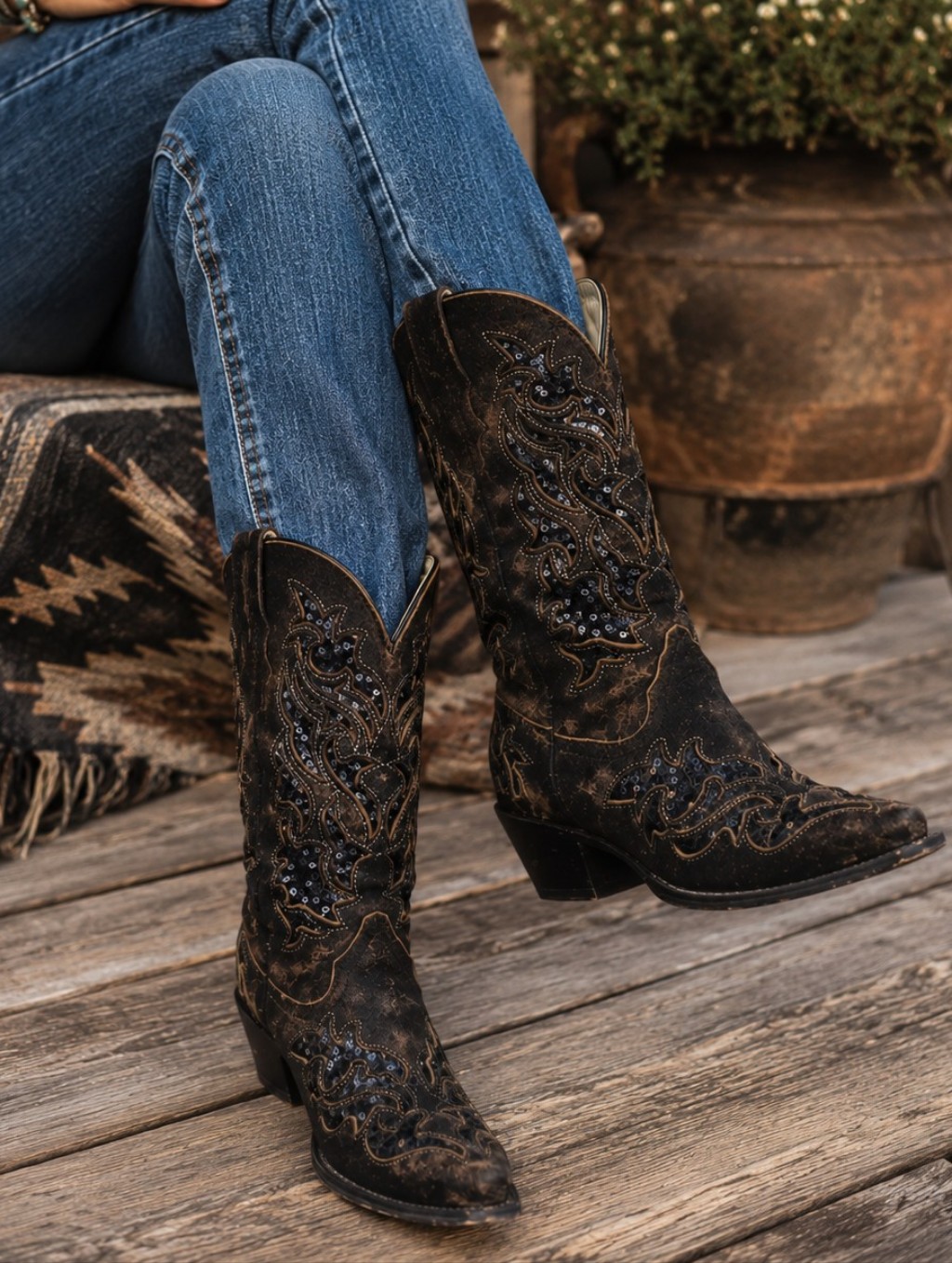 Corral R1152 Distressed Dark Brown Leather & Black Sequins Cowgirl Boots Sz 7
